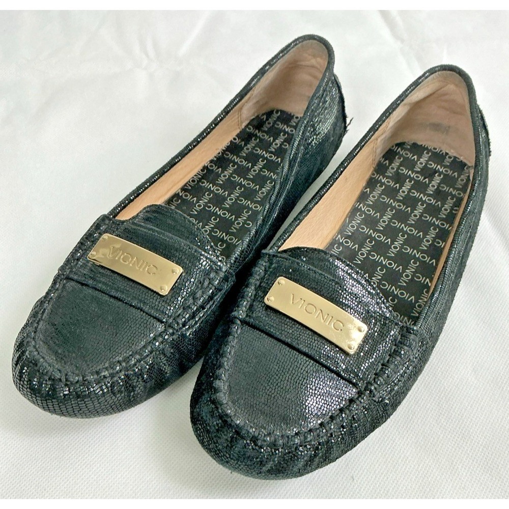 Vionic Sydney Orthaheel Black Snake Skin Leather Loafer Driving Shoes Womens 6.5